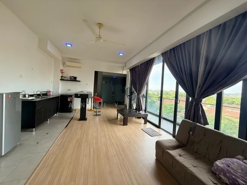 Living features: 5-blade ceiling fan with light, floor-to-ceiling windows, grey curtains, laminate flooring, sofa bed in beige, coffee table, TV console, bar counter with stools, kitchenette with black cabinetry, stainless-steel fridge, microwave, sink, wall-mounted air conditioning unit; style: modern; view: city.