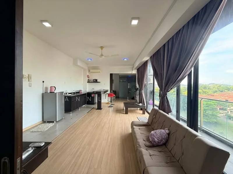 Living features: 3-seater fabric sofa in beige, coffee table, floor-to-ceiling windows, curtains in dark purple, wooden flooring, ceiling fan with light, wall-mounted air conditioning unit, decorative wall art; style: modern; view: garden. Kitchen features: kitchen island, stainless-steel sink, built-in cabinets, countertop with bar stools, microwave, stainless-steel range hood, 4-burner gas hob, refrigerator; style: modern; view: garden.