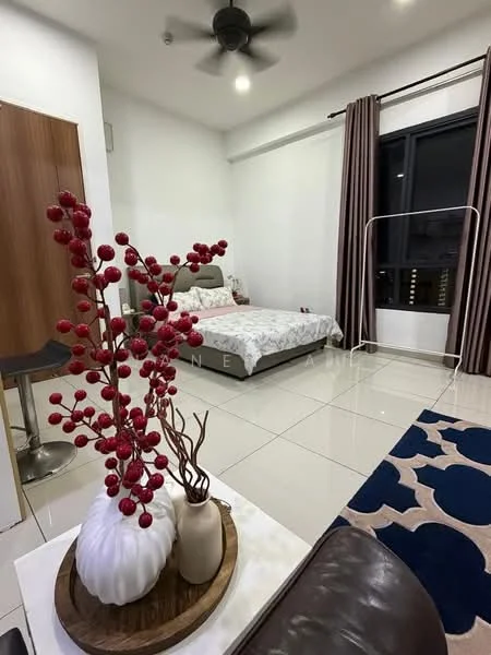 Bedroom features: queen-size bed with patterned bedding, floor-to-ceiling window, dark curtains, light-colored walls, white tiled flooring, ceiling fan, decorative vase with red berries, decorative bowl, area rug with geometric pattern, wooden wardrobe, small dining table with stools; style: modern; view: city.