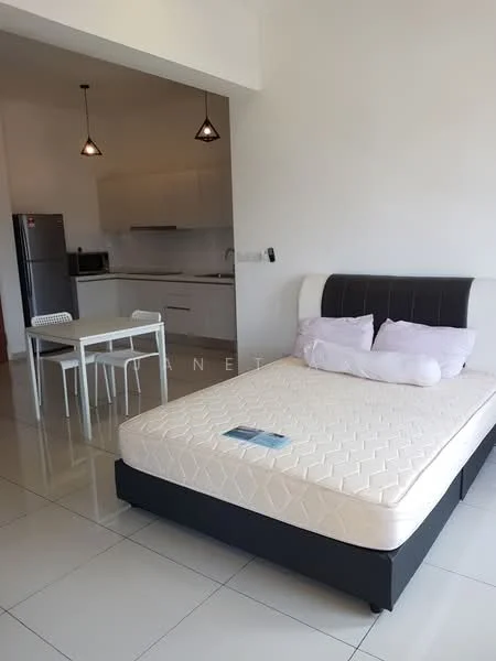 Living features: queen-size bed, upholstered headboard, white bedding, white walls, tile flooring, dining table for 4, 4 dining chairs, pendant lighting, refrigerator, microwave, built-in cabinets, kitchen countertop, stainless-steel sink; style: modern.