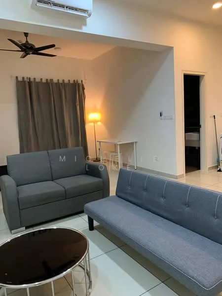 Living features: grey fabric 3-seater sofa, grey fabric 2-seater sofa, black round coffee table, white side table, floor lamp with warm light, curtains in grey, wall-mounted split AC, ceiling fan with light, white walls, tile flooring; style: modern.