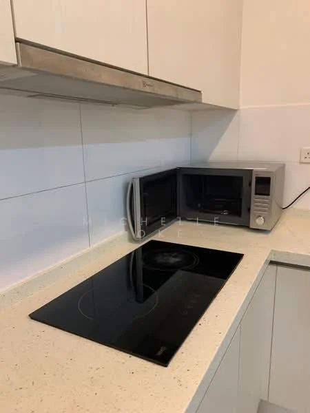 Kitchen features: white cabinetry, light-colored countertop, built-in microwave, induction cooktop, stainless-steel range hood, white tiled backsplash, under-cabinet lighting; style: modern.