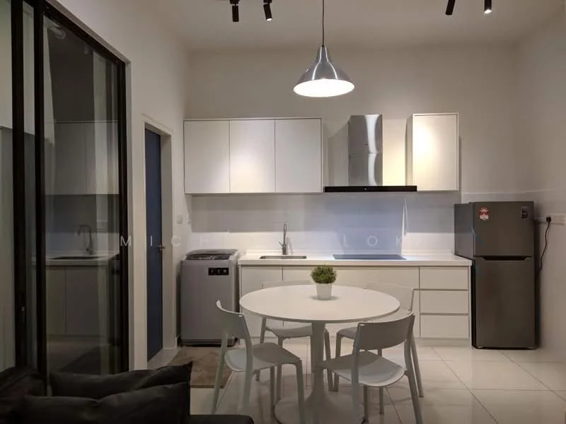 Kitchen features: white cabinetry, stainless-steel range hood, built-in oven, fridge, washing machine, round dining table, 4 white dining chairs, white tiled flooring, recessed downlights, single-bowl stainless-steel sink, chrome pull-down faucet; style: modern.