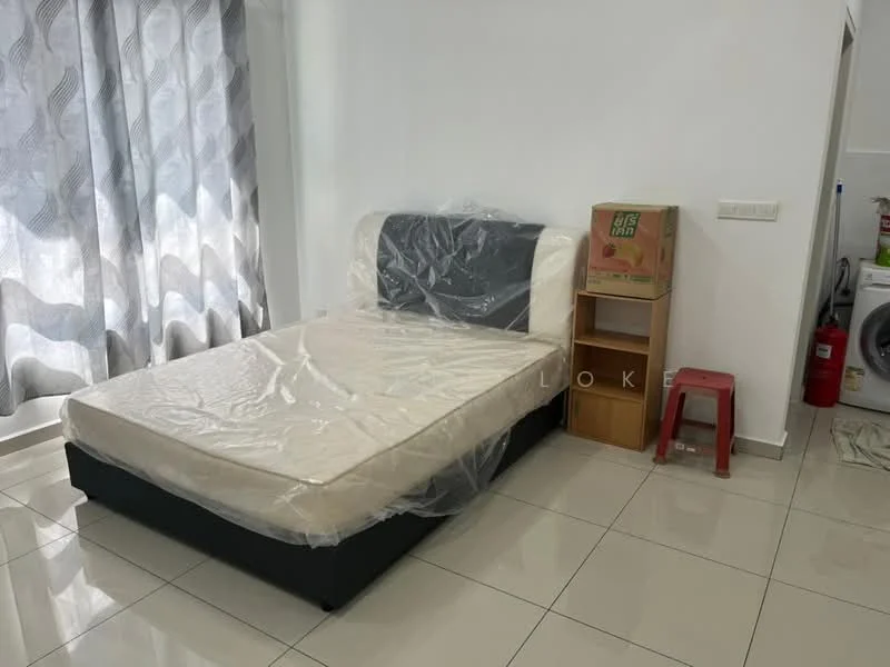 Bedroom features: queen-size bed with protective plastic cover, grey upholstered headboard, white walls, floor-to-ceiling window with sheer curtains, glossy tile flooring, wooden bedside table, red plastic stool, laundry machine visible in background, fire extinguisher visible in background; style: modern.