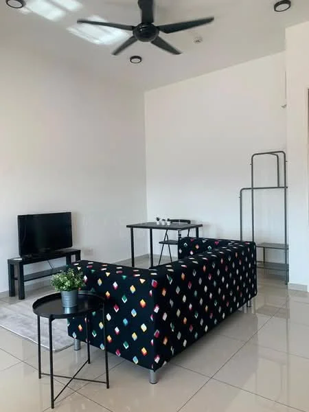 Living features: black fabric sofa with colorful diamond pattern, small round side table, black TV console, flat-screen TV, light-colored area rug, ceiling fan, recessed ceiling lights, white painted walls, glossy tile flooring; style: modern.