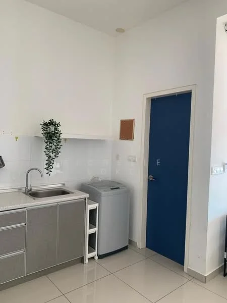 Kitchen features: single-bowl stainless-steel sink, chrome pull-down faucet, grey cabinetry, white tiled backsplash, white walls, white ceiling, tile flooring, built-in washing machine, countertop space, door with blue paint; style: modern.