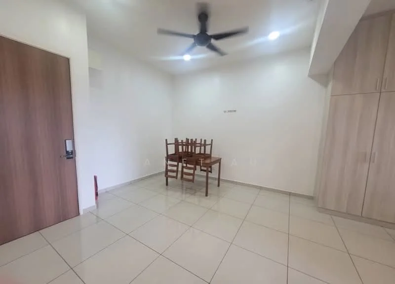 Dining features: square dining table, 4 wooden dining chairs, white painted walls, tile flooring, ceiling fan, recessed LED downlights, built-in cabinetry, neutral decor; style: modern.