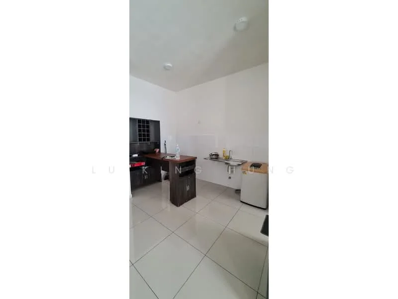 Kitchen features: white painted walls, tile flooring, wooden kitchen cabinets, countertop, stainless-steel sink, freestanding fridge, kitchen island, window, light fixtures; style: modern.