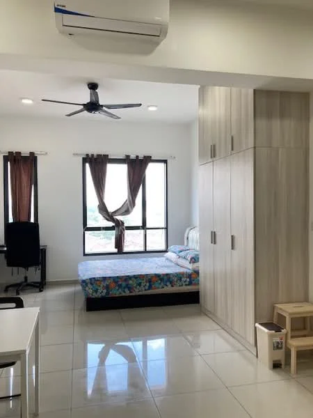 Bedroom features: queen-size bed with floral bedding, built-in wardrobe with wood finish, desk with chair, floor-to-ceiling windows, curtains in brown, white painted walls, glossy tile flooring, ceiling fan, wall-mounted split AC, light fixtures with recessed lighting; style: modern; view: city.