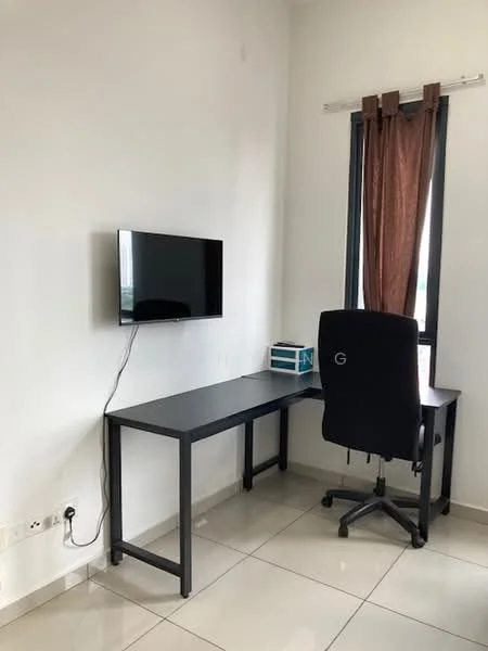Study features: black desk, black office chair, wall-mounted flat-screen TV, white painted walls, grey tile flooring, window with brown curtains, power outlet on wall; style: modern.