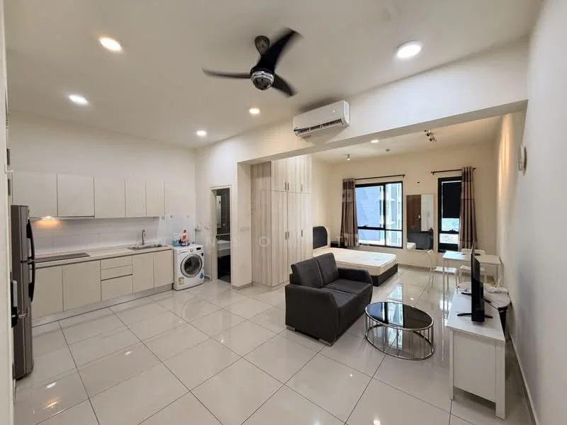 Living features: grey fabric sofa, round coffee table, wall-mounted TV, white TV console, recessed LED downlights, 5-blade ceiling fan, floor-to-ceiling windows, white walls, glossy tile flooring, air conditioning unit, curtains, open layout to kitchen, washing machine; style: modern; view: city. Kitchen features: white cabinetry, stainless-steel fridge, built-in oven, 4-burner gas hob, single-bowl stainless-steel sink, chrome pull-down faucet, white backsplash, countertop space; style: modern.