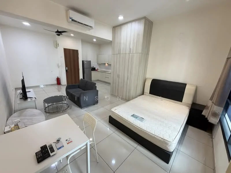 Living features: white painted walls, glossy tile flooring, 5-blade ceiling fan with light, floor-to-ceiling windows, black upholstered bed frame, mattress on bed, grey coffee table, TV console, wall-mounted TV, white dining table, white dining chairs, refrigerator, kitchen cabinetry, kitchen countertop; style: modern.