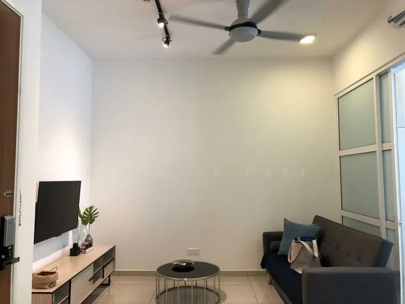 Living features: grey fabric sofa, round glass coffee table, wall-mounted TV, TV console with storage, 5-blade ceiling fan, recessed downlights, white painted walls, glossy tile flooring, large window with glass panels, decorative cushion, minimalist decor; style: modern.