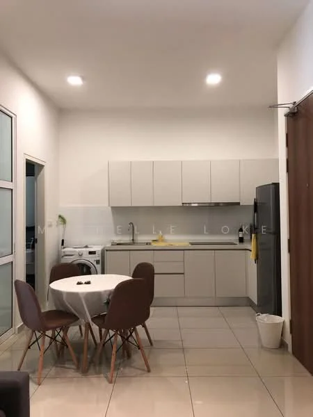 Kitchen features: white cabinetry, stainless-steel fridge, built-in oven, 4-burner gas hob, single-bowl stainless-steel sink, chrome pull-down faucet, white countertop, ceramic tile flooring, recessed downlights, dining table with 4 chairs, open shelving, window with glass panes; style: modern.