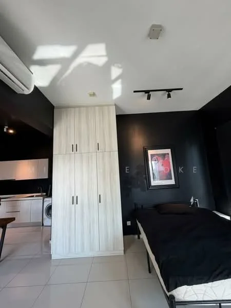 Bedroom features: black bedding, white bed frame, built-in wardrobe with light wood finish, white tiled flooring, black accent wall, recessed lighting, 1 wall-mounted split AC, track lighting, window with natural light; style: modern.