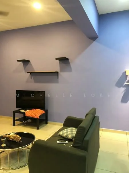 Living features: purple painted walls, tile flooring, sofa in dark grey, coffee table with round top, wall-mounted TV, floating shelves, decorative throw blanket, decorative cushion, remote control on table, light fixture on ceiling; style: modern.