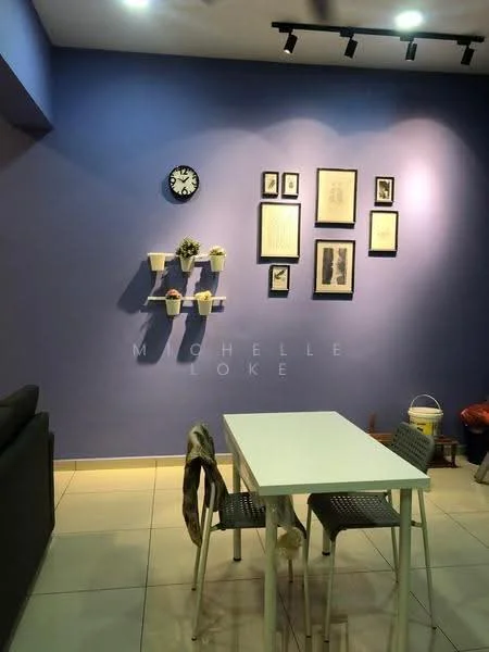 Dining features: white dining table, 4 dining chairs with grey seats, blue painted walls, clock on wall, framed artwork on wall, wall-mounted planters, ceramic pots, tile flooring, recessed lighting, track lighting; style: modern.
