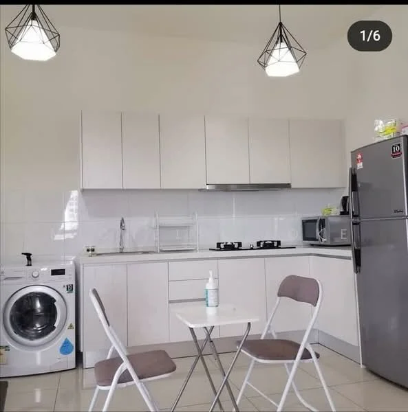 Kitchen features: white cabinetry, stainless-steel range hood, built-in gas hob, microwave, stainless-steel fridge, single-bowl stainless-steel sink, chrome pull-down faucet, white tiled backsplash, washing machine, two pendant lights, table with two chairs, ceramic tile flooring; style: modern.