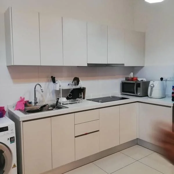 Kitchen features: white flat-panel cabinets, stainless-steel sink, chrome pull-down faucet, built-in electric cooktop, built-in oven, microwave, white kettle, washing machine, countertop with integrated storage, ceramic tile flooring, recessed downlights; style: modern.