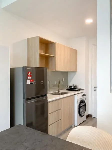 Kitchen features: light wood cabinetry, black countertop, stainless-steel sink, chrome pull-down faucet, stainless-steel fridge, front-load washing machine, built-in stove, white walls, recessed downlights; style: modern.