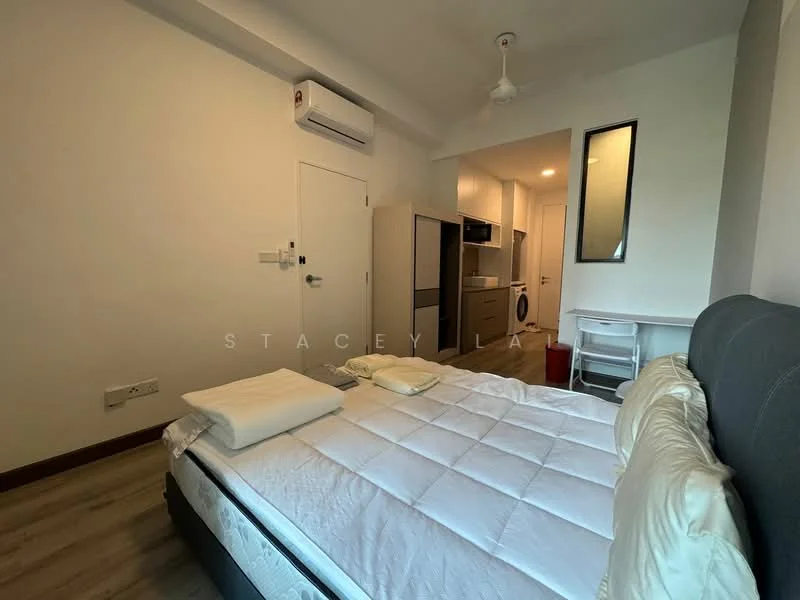 Bedroom features: queen-size bed, upholstered headboard, white bedding, wall-mounted split AC, 5-blade ceiling fan, laminate flooring, white painted walls, built-in wardrobe, desk with chair, kitchenette with microwave, refrigerator, window with black frame; style: modern.