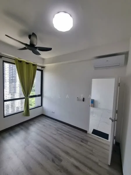 Room features: 5-blade ceiling fan with light, white painted walls, laminate flooring, floor-to-ceiling windows, green curtains, wall-mounted split AC, door leading to another room, natural light from windows; style: modern; view: city.