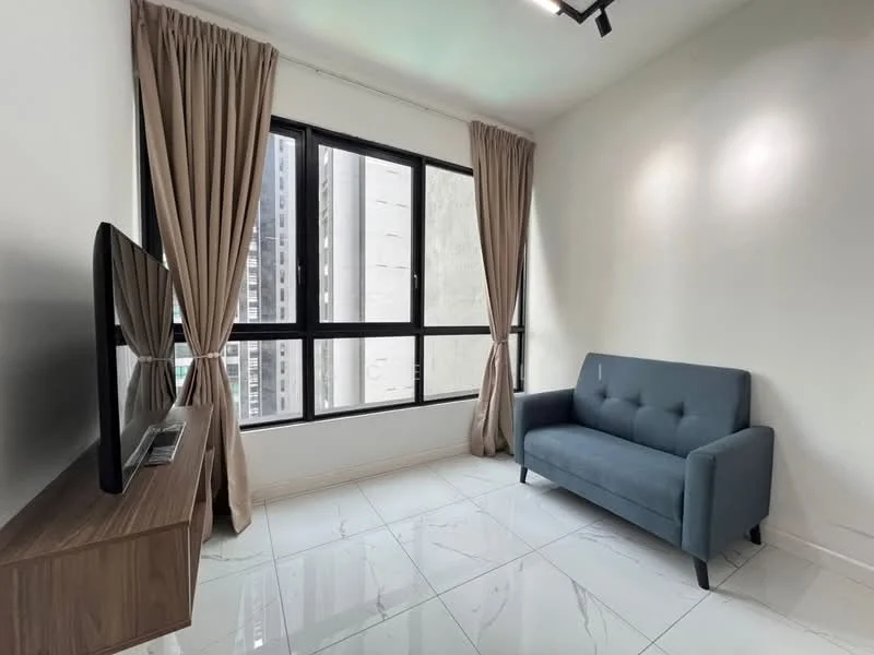 Living features: grey fabric sofa, wooden TV console, wall-mounted TV, floor-to-ceiling windows, sheer curtains, white painted walls, glossy white tile flooring, recessed downlights; style: modern; view: city.