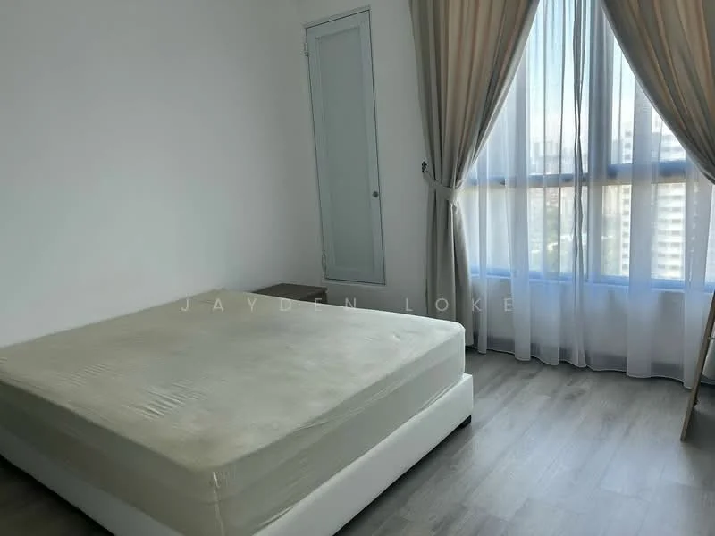Bedroom features: white painted walls, light wood flooring, floor-to-ceiling windows, sheer curtains, bed frame without mattress, nightstand, built-in wardrobe, city view; style: modern; view: city.