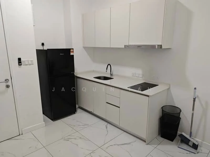 Kitchen features: white cabinetry, marble countertop, single-bowl stainless-steel sink, chrome pull-down faucet, built-in oven, black fridge, tile flooring, wall-mounted range hood, garbage bin, cleaning mop, sponge holder; style: modern.