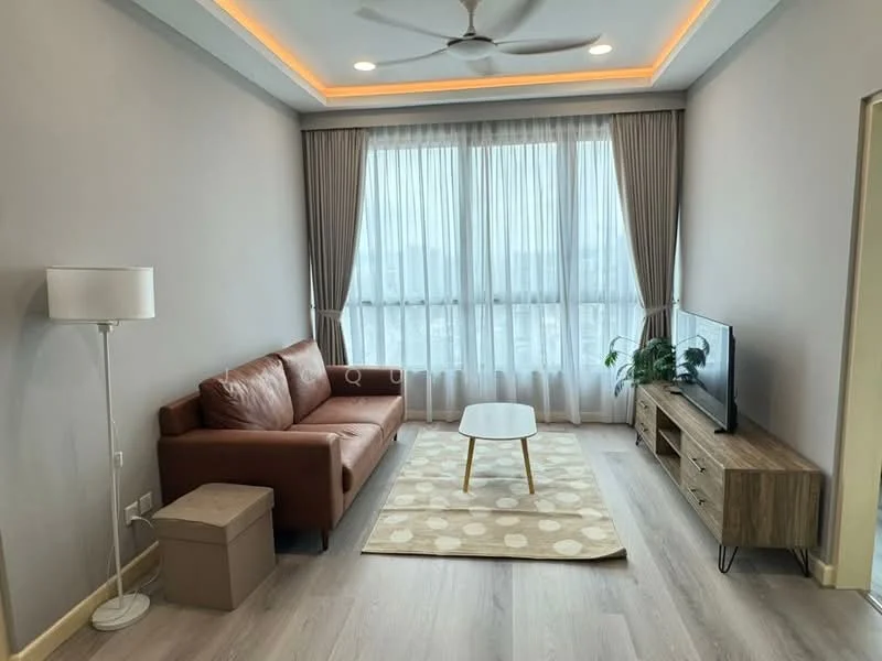 Living features: 3-seater leather sofa in brown, coffee table with white top, area rug with polka dot pattern, wall-mounted TV, wooden TV console, floor-to-ceiling windows, sheer curtains, ceiling fan with light, recessed LED downlights, laminate flooring, decorative indoor plant; style: modern; view: city.