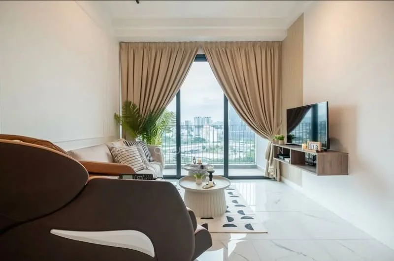 Living features: white painted walls, marble tile flooring, floor-to-ceiling windows, curtains in beige, sofa in brown, decorative cushions, coffee table, TV console, wall-mounted TV, area rug with geometric pattern, indoor plant; style: modern; view: city.