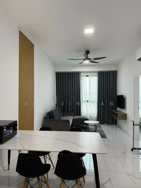 Living features: grey fabric sectional sofa, 3-seater sofa, coffee table, TV console, wall-mounted TV, area rug, 5-blade ceiling fan with light, floor-to-ceiling windows with sheer curtains, white painted walls, marble tile flooring, decorative wall paneling, LED ceiling light; style: modern. Dining features: white dining table, 4 black plastic dining chairs, refrigerator, open shelving, wall-mounted light fixture; style: modern.
