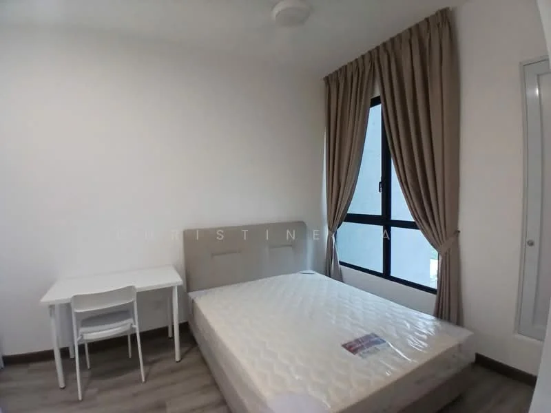 Bedroom features: queen-size bed, white bed frame, light wood flooring, white painted walls, floor-to-ceiling window, sheer curtains, study desk, white chair, ceiling light; style: modern.