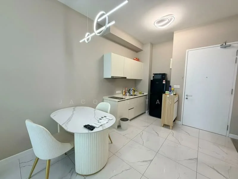 Kitchen features: white cabinetry, marble countertop, stainless-steel fridge, built-in oven, freestanding range oven, single-bowl stainless-steel sink, chrome pull-down faucet, white dining table, upholstered dining chairs, pendant light fixture, recessed ceiling lights, ceramic tile flooring, grey painted walls; style: modern.