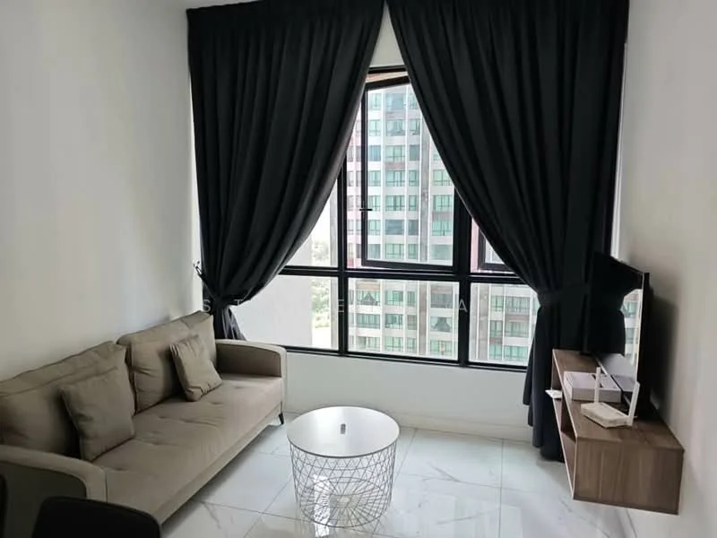 Living features: 3-seater fabric sofa in beige, round glass coffee table, floor-to-ceiling windows, blackout curtains, wall-mounted TV, wooden TV console, marble tile flooring, white painted walls; style: modern; view: city.