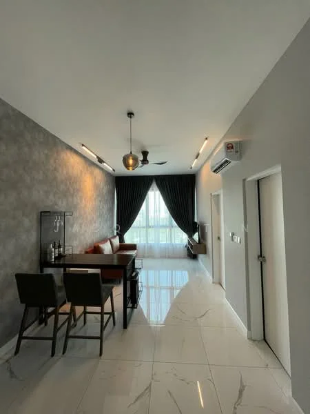 Living features: grey accent wall, white painted walls, marble tile flooring, 5-blade ceiling fan with light, pendant light, floor-to-ceiling windows, dark curtains, sofa in orange, dining table with 4 chairs, decorative wall art, air conditioning unit; style: modern; view: city.