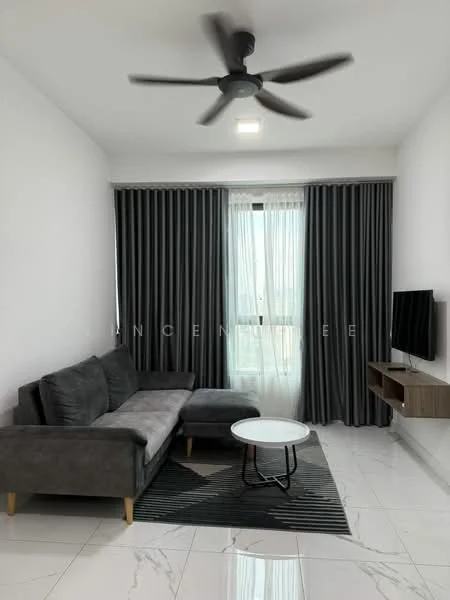 Living features: 3-seater fabric sofa in grey, coffee table, wall-mounted TV, TV console, area rug with geometric pattern, 5-blade ceiling fan with light, floor-to-ceiling windows with sheer curtains, white painted walls, polished ceramic tile flooring; style: modern; view: city.