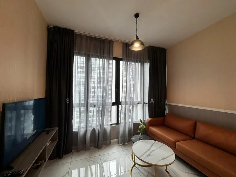 Living features: brown leather sofa, white marble coffee table, floor-to-ceiling windows, grey sheer curtains, blackout curtains, wall-mounted TV, light fixture with pendant, textured beige wallpaper, glossy tile flooring; style: modern; view: city.