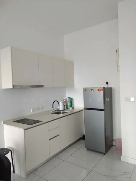 Kitchen features: white cabinetry, single-bowl stainless-steel sink, chrome pull-down faucet, grey fridge, countertop with integrated backsplash, ceramic tile flooring, wall-mounted cabinets, kitchen utensils on countertop, window with natural light; style: modern.