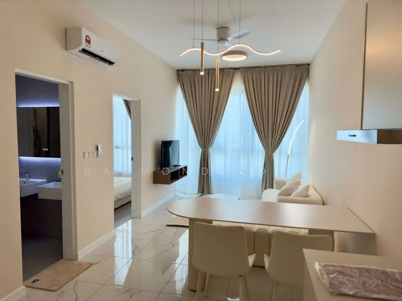 Living features: white painted walls, marble tile flooring, 5-blade ceiling fan with light, sofa in cream color, dining table with white surface, 4 white dining chairs, wall-mounted TV, floor-to-ceiling windows with sheer curtains, recessed LED downlights, decorative light fixture, air conditioning unit on wall; style: modern. Room features: white painted walls, bed visible through doorway, soft lighting.
