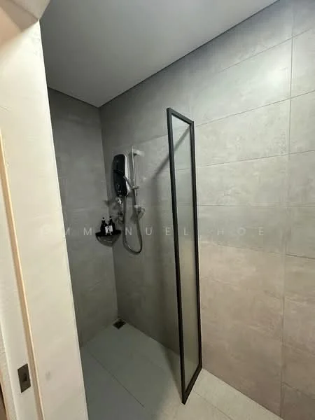Bathroom features: grey tile cladding on walls, grey tile flooring, walk-in shower with glass enclosure, rain shower head, handheld shower, chrome basin mixer, shower niche, sliding glass door, modern shower controls; style: modern.