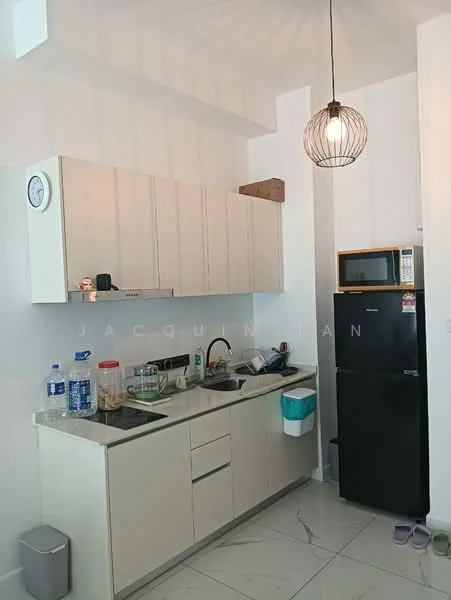 Kitchen features: white cabinetry, marble countertop, single-bowl stainless-steel sink, chrome pull-down faucet, built-in electric stove, microwave, black fridge, wall clock, pendant light, bottled water, kitchen towels, slippers; style: modern.