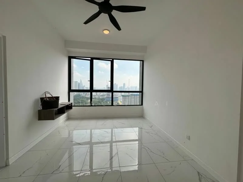 Room features: white painted walls, marble tile flooring, 5-blade ceiling fan, floor-to-ceiling windows, city view, built-in shelf, recessed downlight; style: modern; view: city.