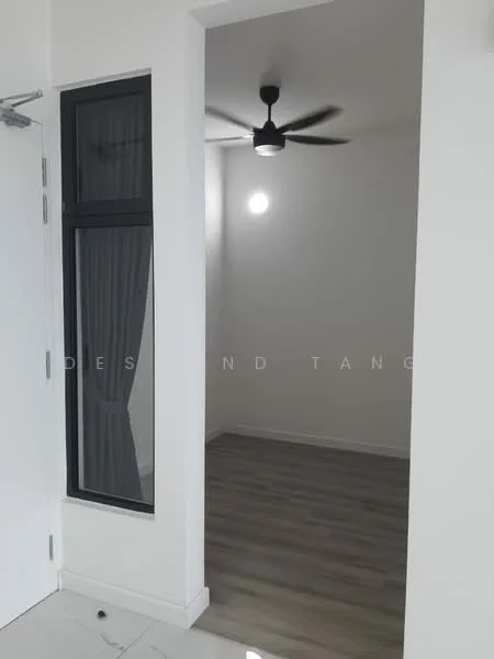 Room features: white painted walls, light wood flooring, 5-blade ceiling fan, floor-to-ceiling window, sheer curtains, natural light from window; style: modern.