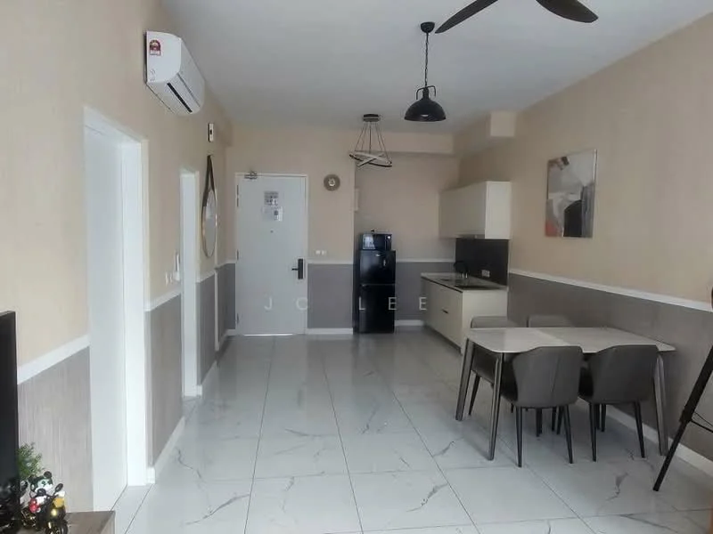 Living features: white painted walls, cream accent wall, marble tile flooring, 5-blade ceiling fan, recessed downlights, wall-mounted air conditioning unit, black refrigerator, white cabinetry, kitchen countertop, dining table with 4 chairs, decorative wall art, TV console, decorative items on console; style: modern.