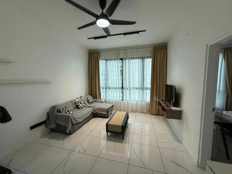 Living features: white painted walls, marble tile flooring, 5-blade ceiling fan with light, floor-to-ceiling windows, sheer curtains, grey fabric sofa, decorative cushions, coffee table, wall-mounted TV, TV console, area rug; style: modern; view: city.