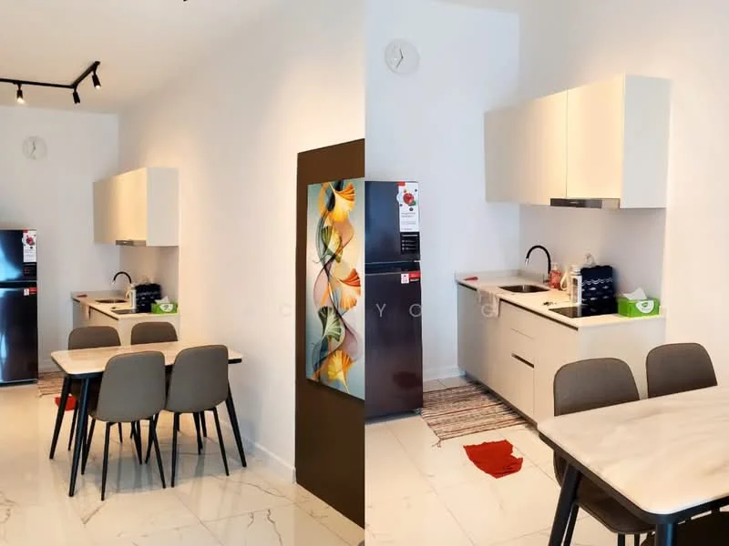 Kitchen features: white cabinets, marble countertop, single-bowl stainless-steel sink, chrome pull-down faucet, stainless-steel fridge, 4-seater dining table, grey upholstered dining chairs, wall clock, recessed lighting, tile flooring, decorative artwork on wall, dish drying rack, kitchen towels, kitchen utensils; style: modern.