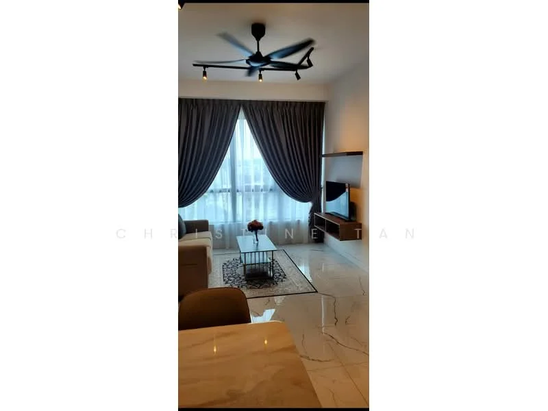 Living features: 5-blade ceiling fan with light, floor-to-ceiling windows, grey curtains, white walls, marble tile flooring, sofa in white fabric, coffee table with metal frame, TV console, wall-mounted TV, decorative area rug; style: modern; view: city.