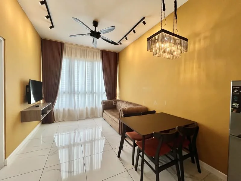 Living features: 5-blade ceiling fan with light, chandelier, floor-to-ceiling windows, sheer curtains, brown leather sofa, wall-mounted TV, TV console, dining table for 4, black dining chairs, white marble tile flooring, yellow painted walls, track lighting; style: modern; view: city.