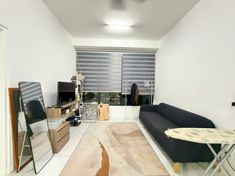 Living features: grey fabric sofa, coffee table, TV console, wall-mounted TV, area rug with abstract pattern, floor-to-ceiling windows, roller blinds, ceiling fan, decorative mirror, wooden shelving unit; style: modern; view: city.